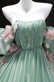 Green Tulle Flower Off The Shoulder A Line Prom Dress