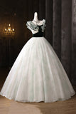 White Tulle & Green Pattern Ruffles Prom Dress