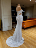 Ruched Silver Sequin Strapless Mermaid Prom Dress With Slit