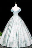 Floral Print Blue Pearl Printing Off The Shoulder Prom Dress