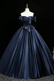 Navy Blue Satin Off Shoulder Ball Gown Bow Prom Dress