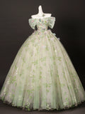 Off Shoulder Tulle Lace Green Floral A Line Prom Dress
