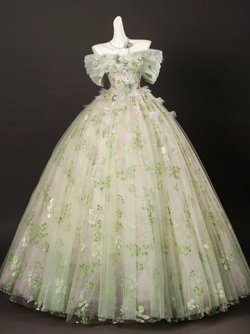 Off Shoulder Tulle Lace Green Floral A Line Prom Dress