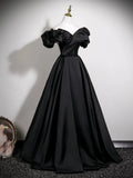 Off Shoulder Satin A Line Black Ruffles Prom Dress