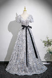Silver Sequin A Line V Neck Short Sleeves Prom Dress