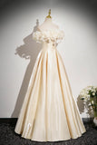 Champagne Satin Flowers Off the Shoulder A Line Prom Dress
