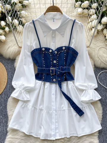 Denim Corset Layered White Shirt Dress