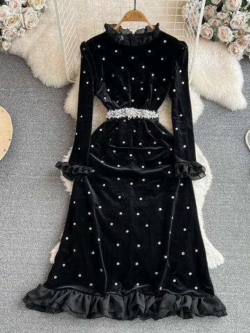 Pearl Embellishments Black Velvet Dress