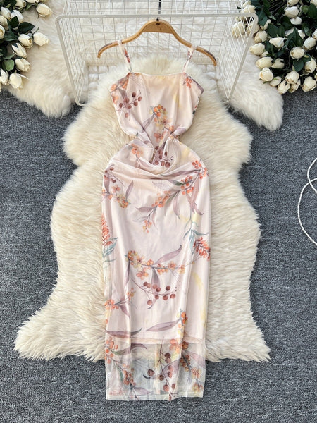 Floral Print Beige Bodycon Maxi Dress