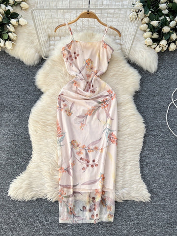 Floral Print Beige Bodycon Maxi Dress