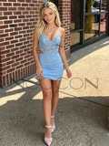 Blue Spaghetti Strap Sequin Bodycon Cut Out Homecoming Dress