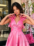 Fuchsia Tulle Ruffles Flower A Line Homecoming Dress