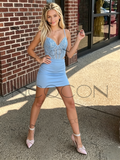 Blue Spaghetti Strap Sequin Bodycon Cut Out Homecoming Dress