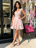 Light Pink V Neck Tulle Ruched A Line Homecoming Dress