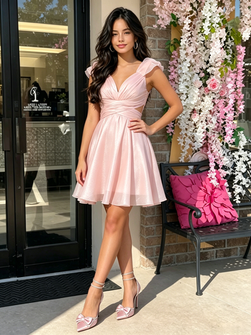 Light Pink V Neck Tulle Ruched A Line Homecoming Dress