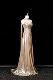 Champagne Mermaid Strapless Ruched Sweep Train Prom Dress