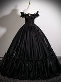 Satin Black Tulle A Line Off Shoulder Prom Dress