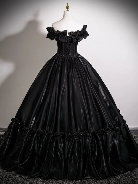 Satin Black Tulle A Line Off Shoulder Prom Dress