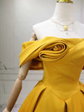 A-Line Off Shoulder Satin Flower Yellow Prom Dress