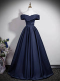 Off Shoulder Satin Dark Blue A Line Prom Dress