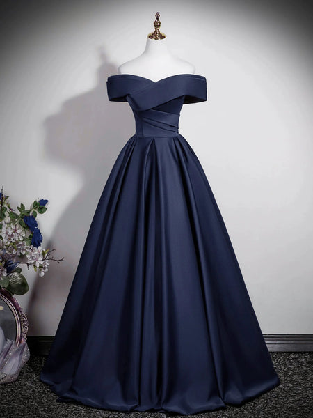 Off Shoulder Satin Dark Blue A Line Prom Dress