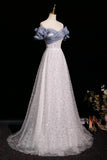 Shiny Tulle Sequin A Line Gray Evening Prom Dress