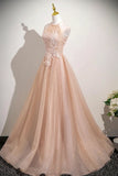 Pink Tulle Lace A Line Open Back  Prom Dress