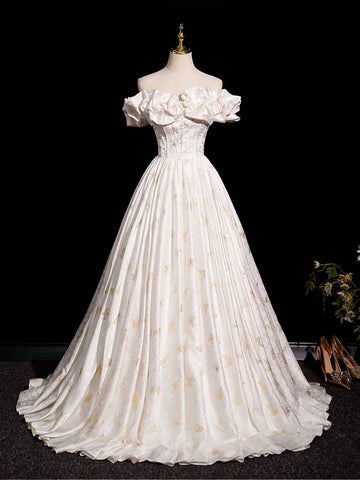 Off Shoulder Satin Light Champagne Print A Line Prom Dress