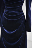 Long Sleeve Navy Velvet Ruched Floor Length Prom Dress