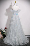 Silver Sequins & Blue Butterfly A Line Prom Dress
