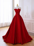 A-Line Satin Burgundy Ruched Strapless Prom Dress