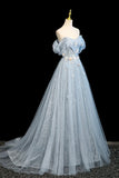 A Line Blue Tulle Flowers Off The Shoulder Prom Dress