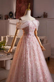 Pink Flower Tulle Off the Shoulder Prom Dress