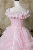 Pink Tulle Lace Ruffles Off The Shoulder Princess Prom Dress