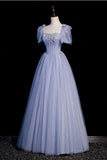 Sweetheart Tulle Puffy Sleeves A Line Blue Prom Dress