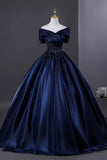 Navy Satin Beading Off the Shoulder A Line Prom Dress
