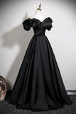 Black Off the Shoulder A Line Satin Prom Dress
