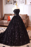 Spark Strapless Black Sequins A Line Prom Dress