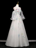 Long Sleeves Tulle White Floral A Line Prom Dress