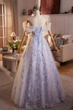 A Line Blue Flower Tulle Off the Shoulde Prom Dress
