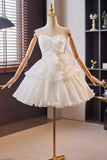 White Tulle Short Floral White Homecoming Dress