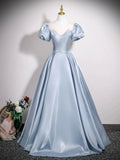 A Line Puff Sleeves Satin Blue Beading Prom Dress