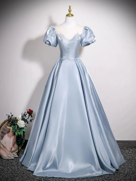 A Line Puff Sleeves Satin Blue Beading Prom Dress
