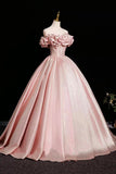 Pink Satin A Line Ruffles Off The Shoulder Prom Dress