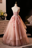 Pink Flower Strapless A Line Ruffles Prom Dress