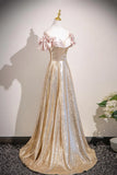 A Line Off the Shoulder Champagne Sequin Prom Dress