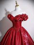 Off Shoulder Burgundy Tulle A Line Prom Dress