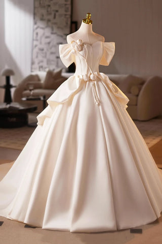 White Satin A Line Sweetheart Flower Prom Dress