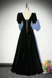 V Neck A Line Black Velvet Sequin Prom Dress