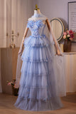 Blue Flower Layers Beading Butterfly Prom Dress